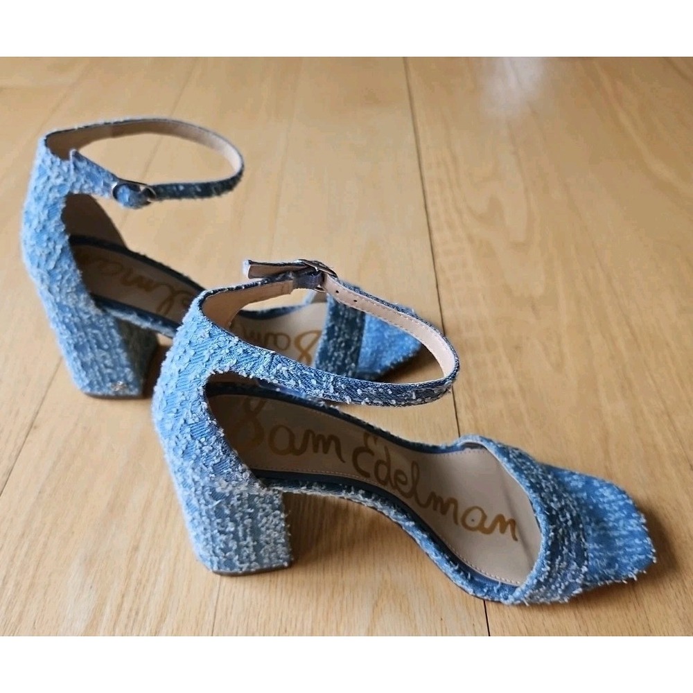 Sam Edelman Daniella Blue Distressed Frayed Denim Block Heel Sandals Womens 7.5 - Picture 3 of 10